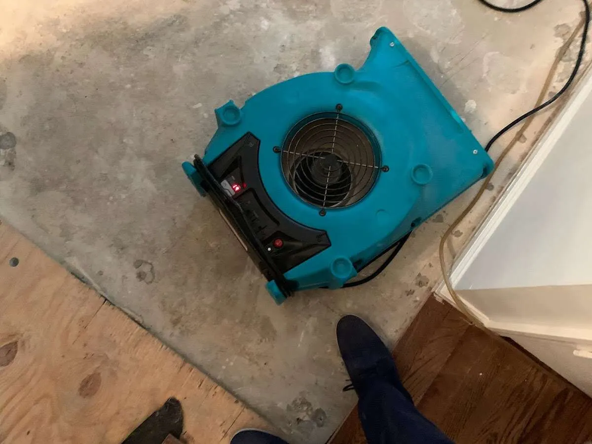 Air mover drying subfloor during Commercial Water Damage Restoration in Mount Washington